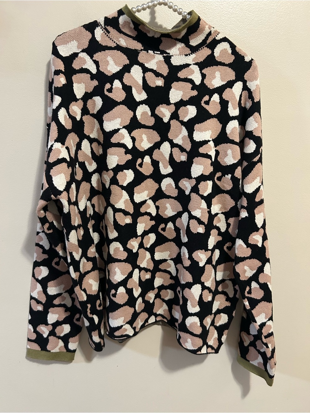 NEW THML Leopard Jacquard Mock Neck Sweater L Large Black Olive Spots Pullover